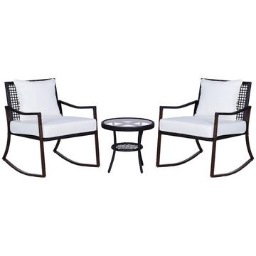 Set Da Giardino Per 2 Persone Set Sedia A Dondolo Con Cuscino In Rattan Marrone + Bianco