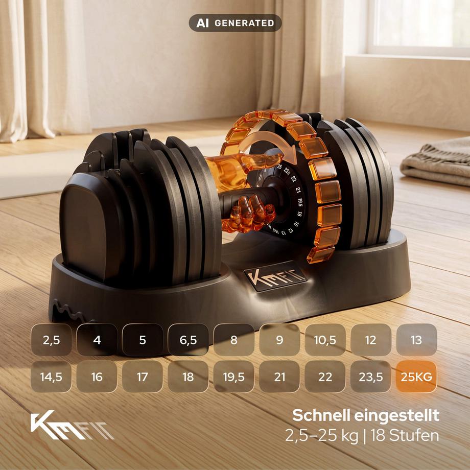 KM-Fit  Verstellbare Kurzhantel – 2,5–25 kg, 18 Gewichtsstufen 
