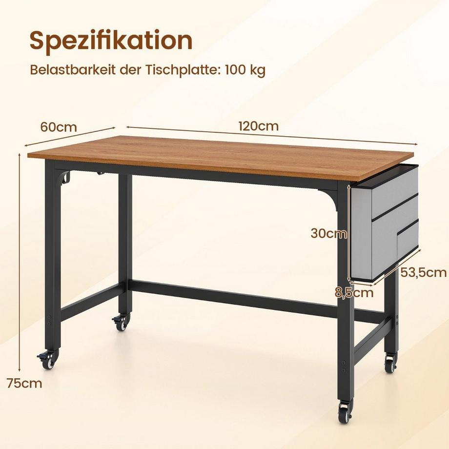 Northix Schreibtisch mit Rollen Computertisch mit Abnehmbarer Stofftasche und Kopfhörerhaken 120 x 60 x 75 cm Natur  