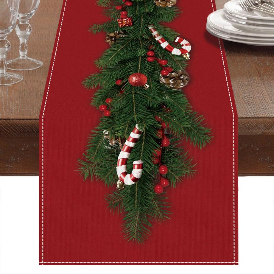 Chemin de table de Noël Linen Christmas Tree Bells Print, Long Rectangular Christmas Tablecloth for Christmas Dinner Table Decoration