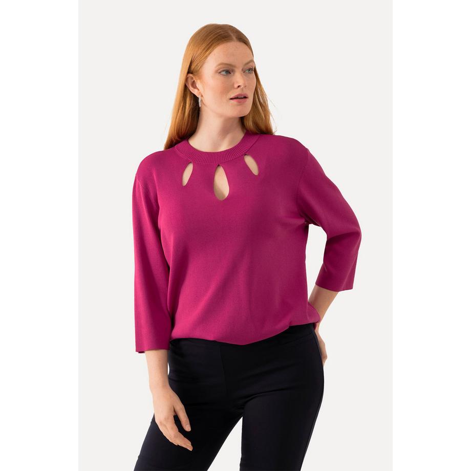 Ulla Popken Pull Découpes Col Montant Manches 3/4 Maille Côtes  
