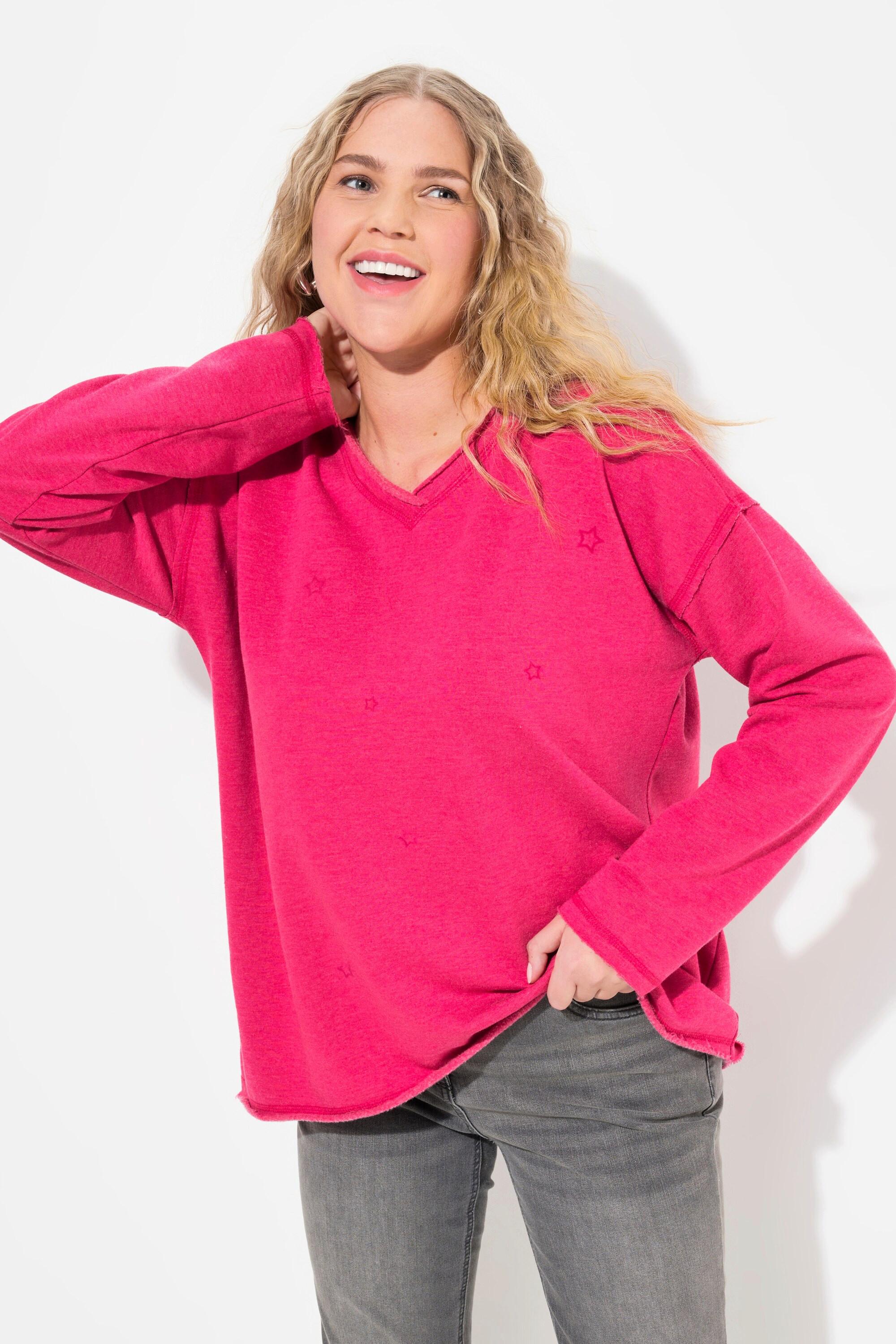 Ulla Popken  Sweat-shirt oversize, manches longues et col en V, flocage étoiles 