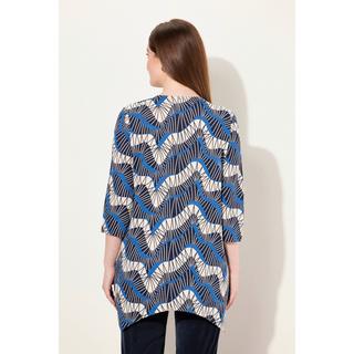 Ulla Popken  T-shirt col en V et manches 3/4, coton bio, motif vagues 