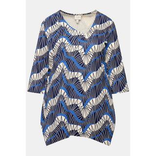 Ulla Popken  T-shirt col en V et manches 3/4, coton bio, motif vagues 