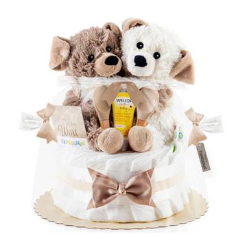 Gâteau de couches neutre pour jumeaux avec doudou chauffant