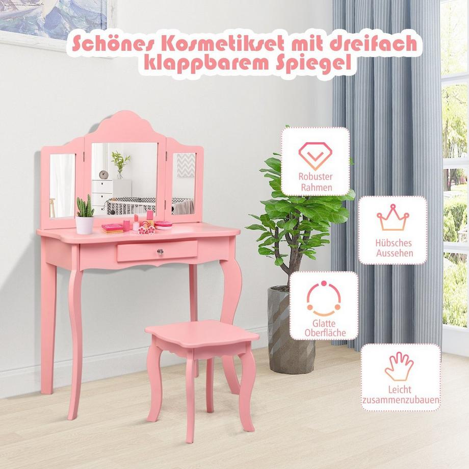 Northix  Frisiertisch Schminktisch- und Hocker-Set für Kinder 70 x 34 x 103 cm Rosa 