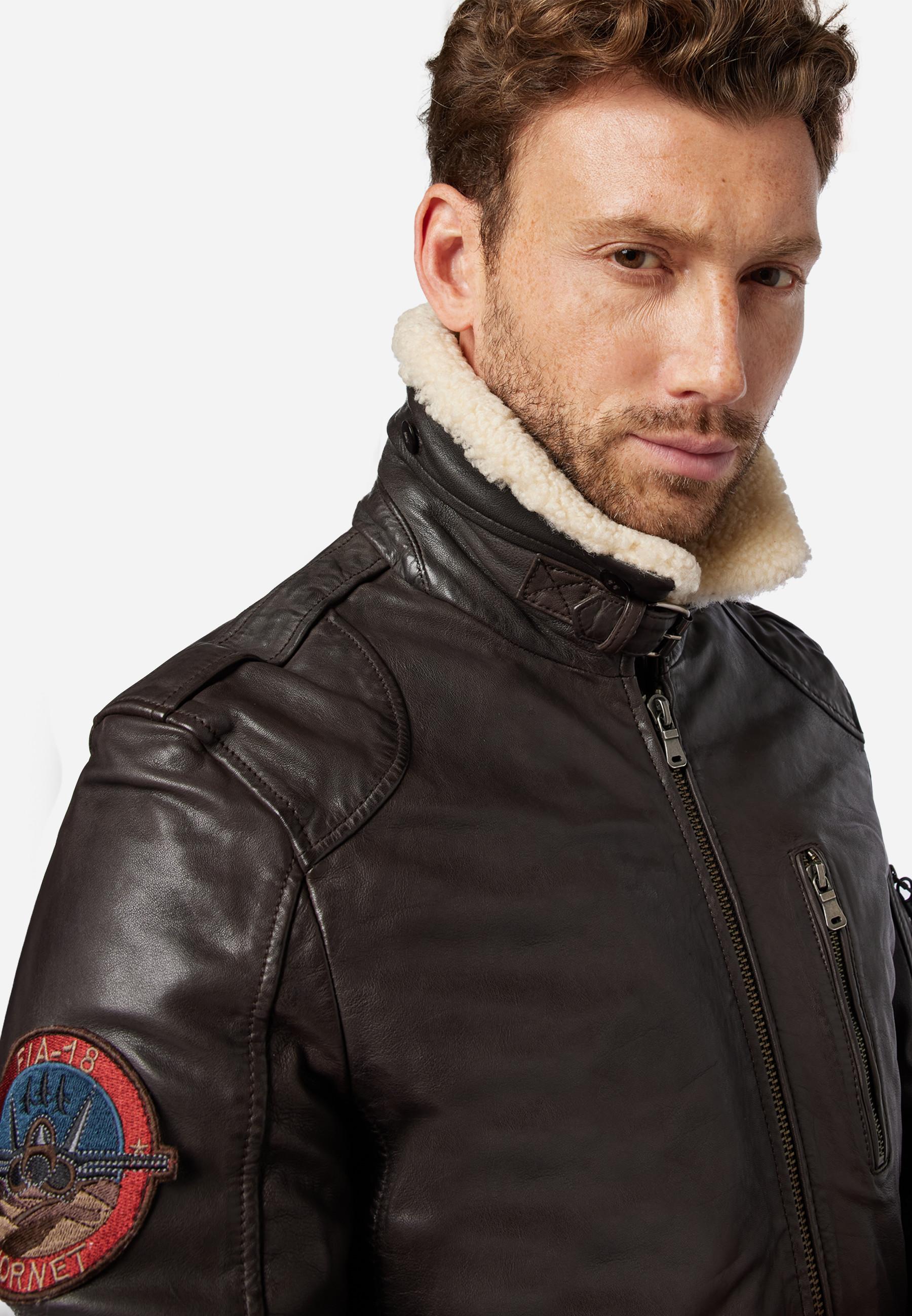 RICANO  Lederjacke TG-1011 - Piloten Stil mit Fellkragen aus Lammfell 