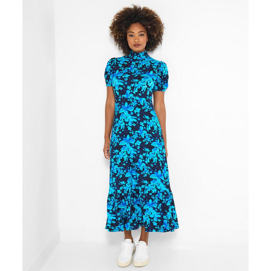 Jerseykleid mit Puffärmeln, Blumenmuster und hohem Kragen