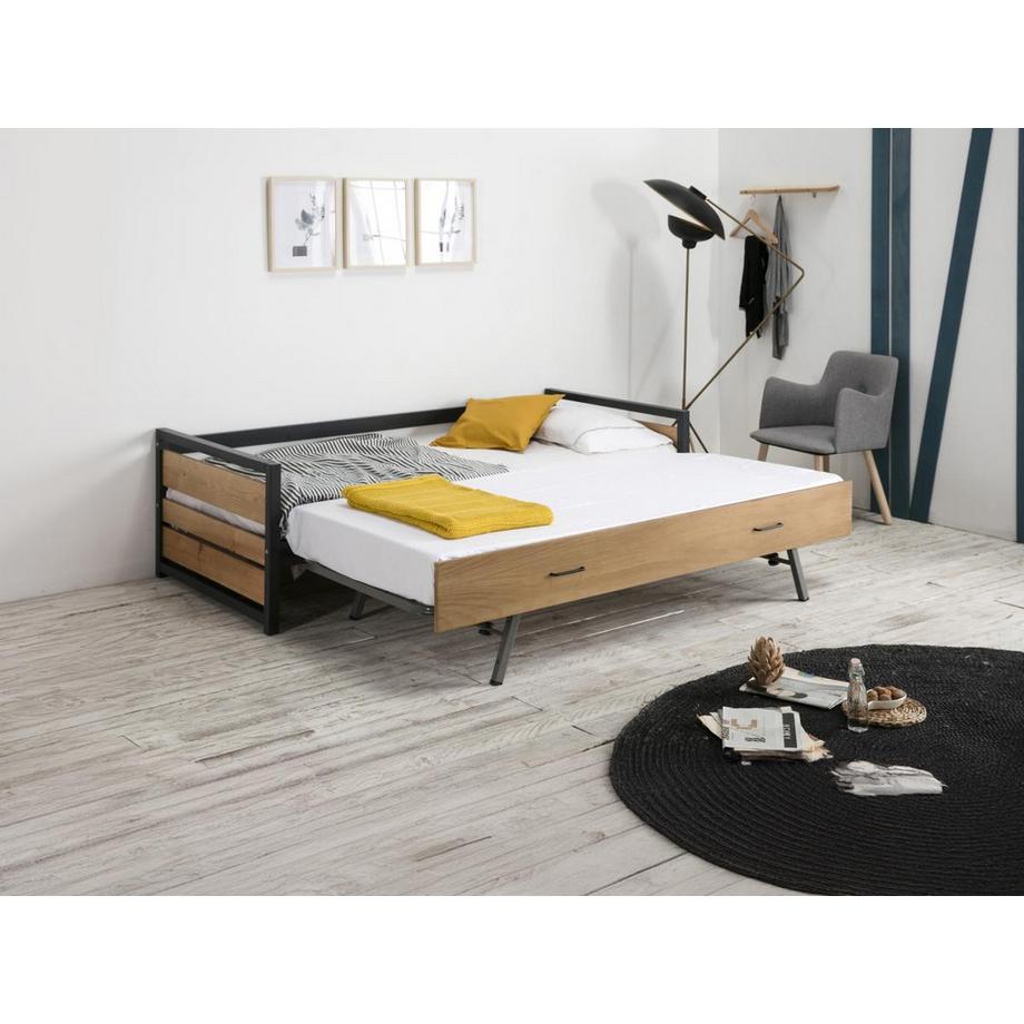 Vente-unique Letto singolo con letto estraibile stile industriale + materasso 2 MDF Abete e Metallo BOSTON  