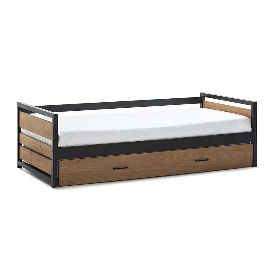 Vente-unique Letto singolo con letto estraibile stile industriale + materasso 2 MDF Abete e Metallo BOSTON  