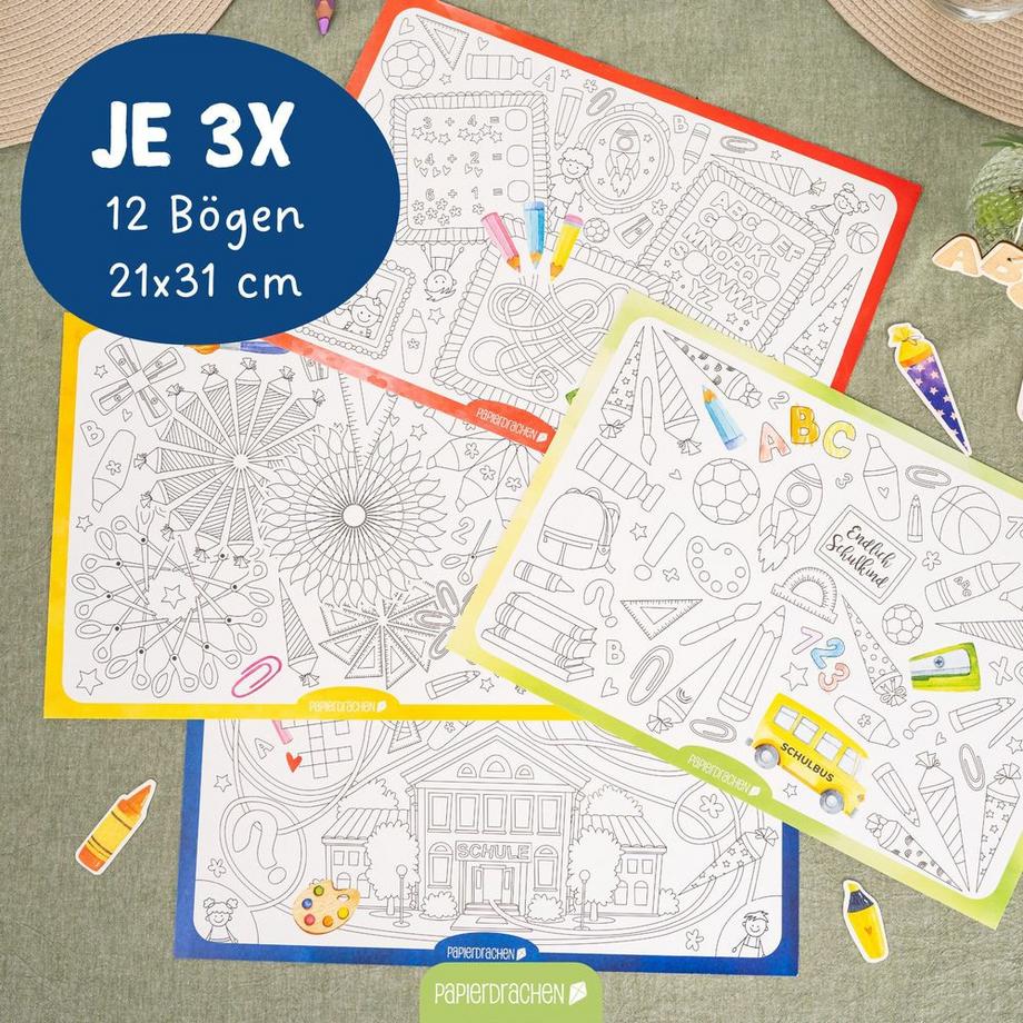 Papierdrachen Ausmal Platzsets Schule Set 01  