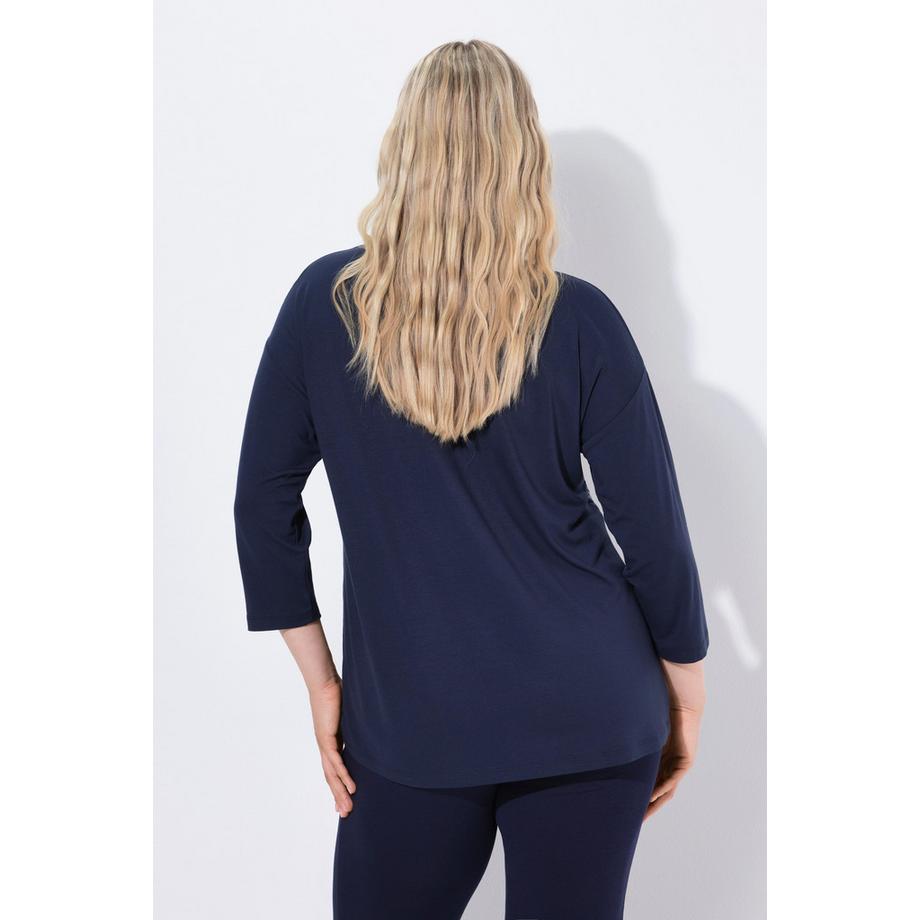 Ulla Popken T-shirt Oversize Col Rond Manches 3/4 avec Application Florale  