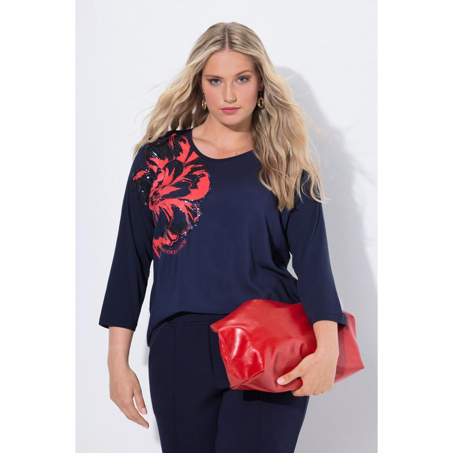 Ulla Popken T-shirt Oversize Col Rond Manches 3/4 avec Application Florale  