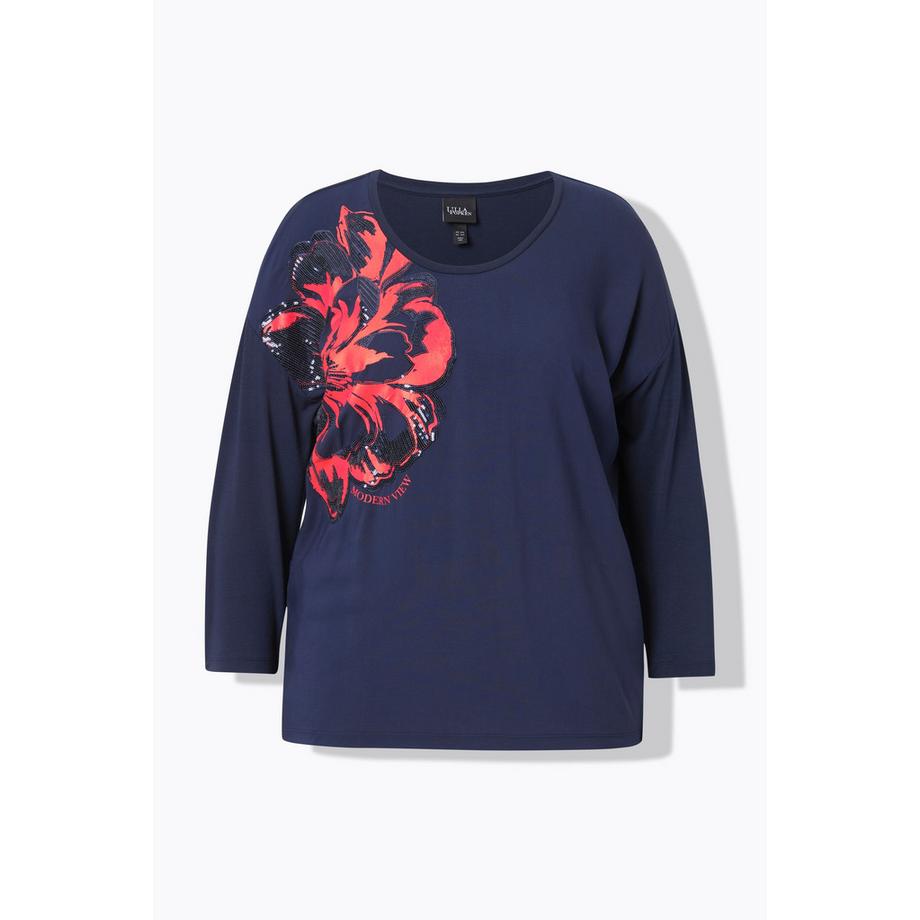 Ulla Popken T-shirt Oversize Col Rond Manches 3/4 avec Application Florale  