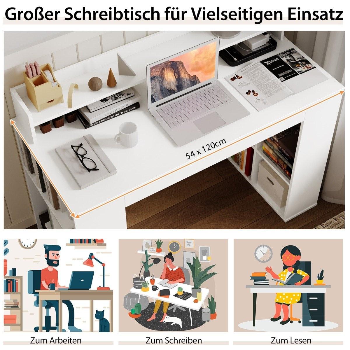 Northix Schreibtisch mit Monitorablage & 2 Bücherregalen Computertisch 120 x 54 x 90 cm Weiß  