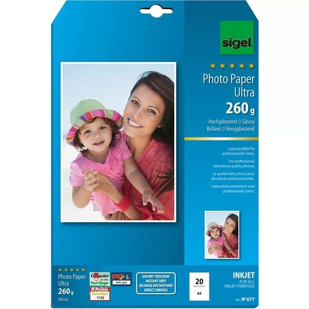 Sigel – InkJet Fotopapier A4 IP677 260g,glossy, weiss 20 Blatt, One Size