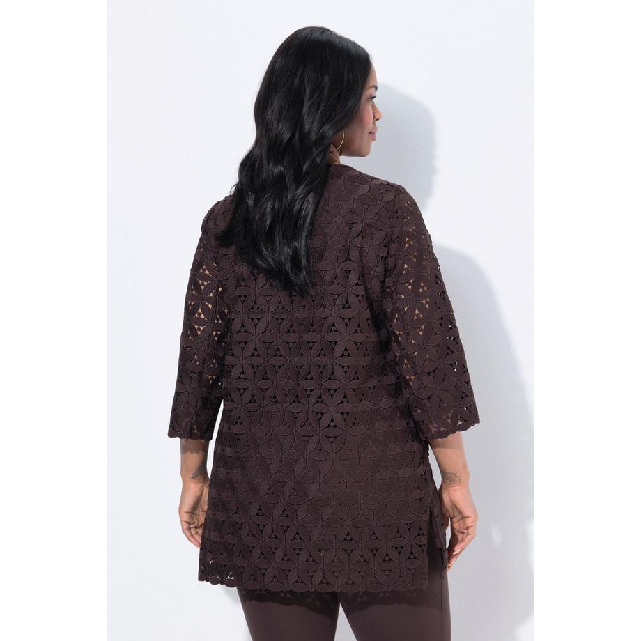 Ulla Popken Tunique Broderies Ajourées Coupe Évasée V-Col 3/4 Manches  