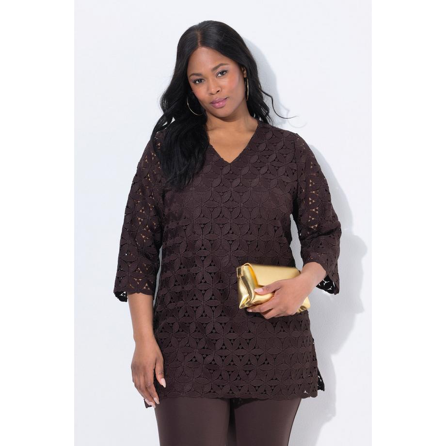 Ulla Popken Tunique Broderies Ajourées Coupe Évasée V-Col 3/4 Manches  