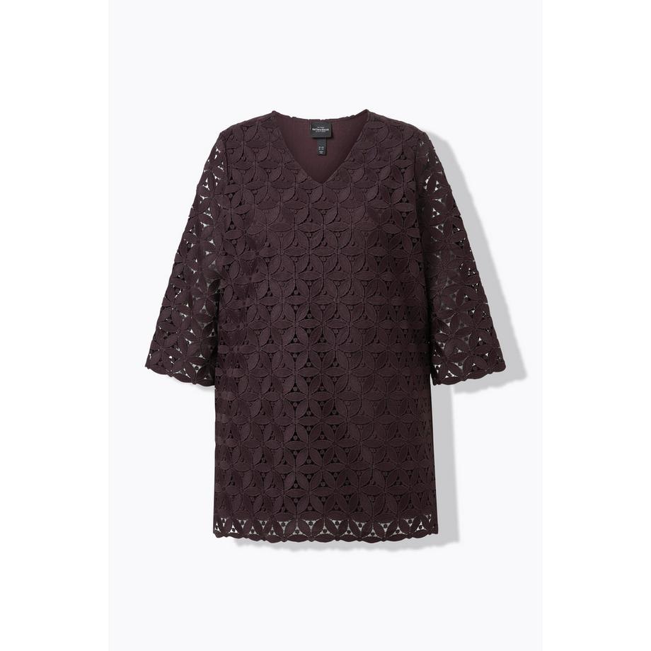 Ulla Popken Tunique Broderies Ajourées Coupe Évasée V-Col 3/4 Manches  