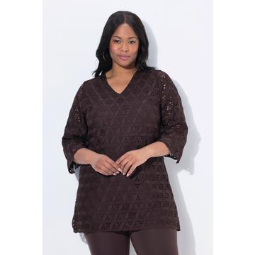 Tunique avec broderies ajourées, décolleté en V et manches 3/4, coupe évasée
