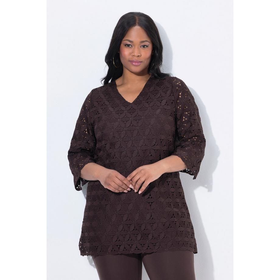 Ulla Popken Tunique Broderies Ajourées Coupe Évasée V-Col 3/4 Manches  