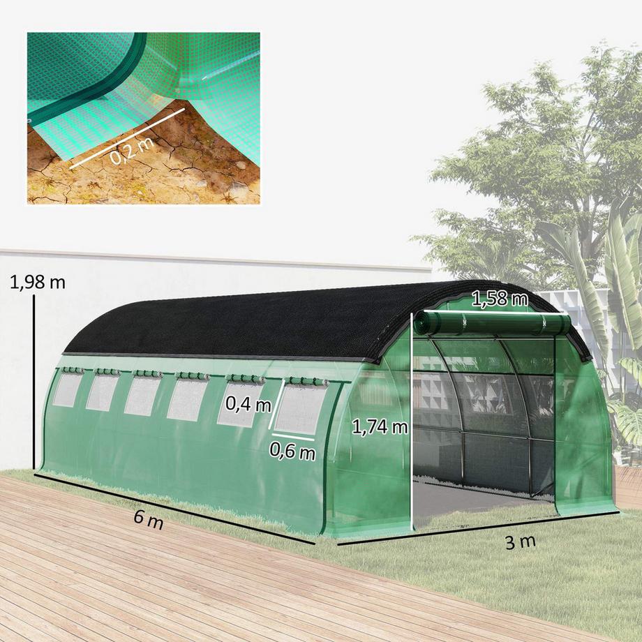 Northio Serra Serra in pellicola 6 x 3 x 2 m con 12 finestre, porte avvolgibili, pareti laterali avvolgibili, tunnel in pellicola resistente ai raggi UV, serra per pomodori resistente all'inverno con ancoraggio a terra, verde  
