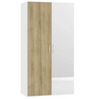 Jutzler Armadio con ante battenti, decoro rovere, specchio, bianco crema 101,9 x 195  