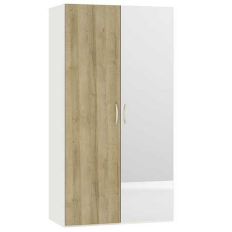 Jutzler Armadio con ante battenti, decoro rovere, specchio, bianco crema 101,9 x 195  