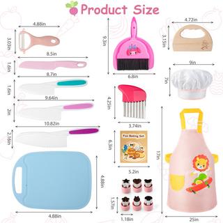 Activity-board  Couteau pour enfants Set de découpe 18 pièces, couteau de découpe pour enfants, pour une vraie cuisine avec couteau en bois, planche à découper, tablier de cuisine 