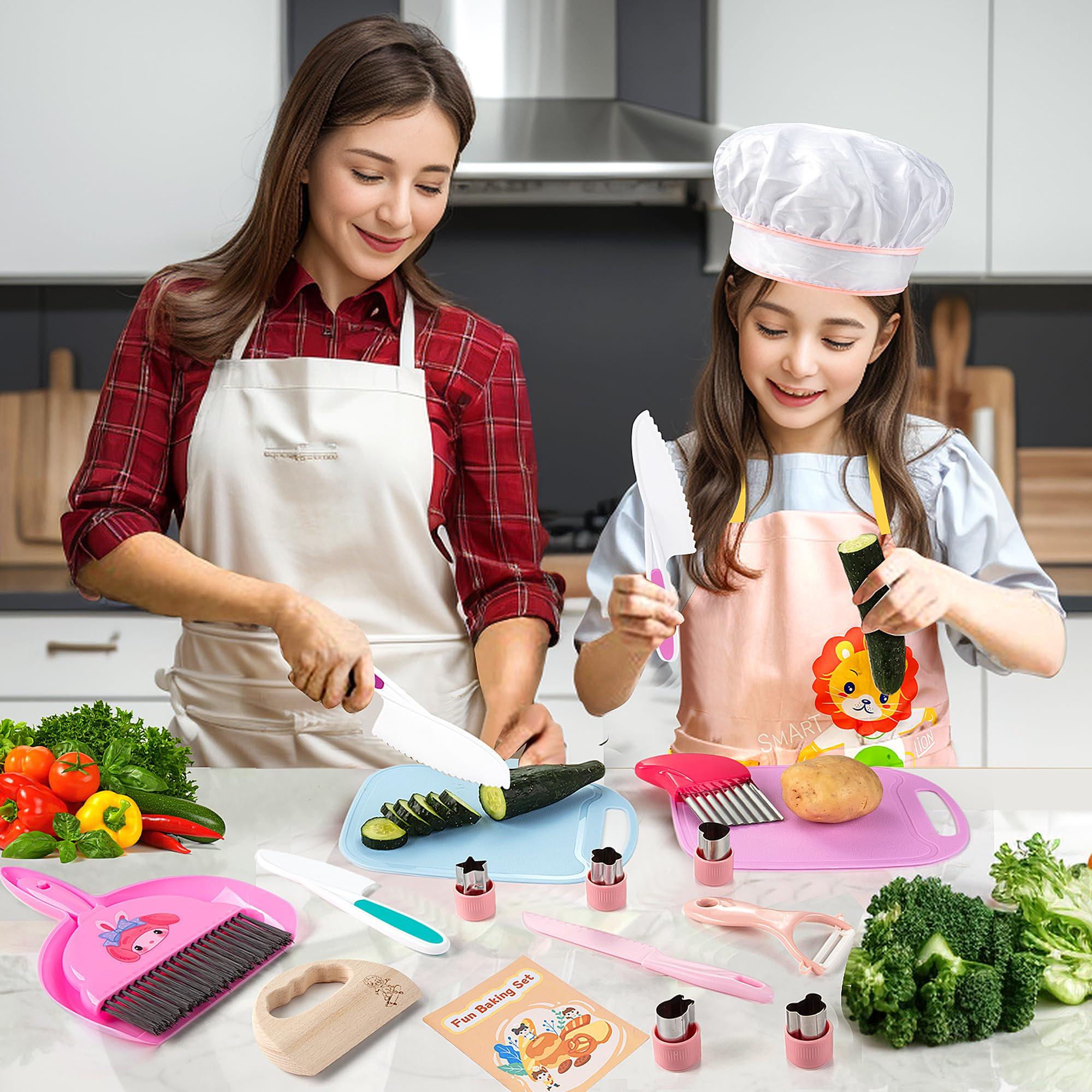 Activity-board  Couteau pour enfants Set de découpe 18 pièces, couteau de découpe pour enfants, pour une vraie cuisine avec couteau en bois, planche à découper, tablier de cuisine 