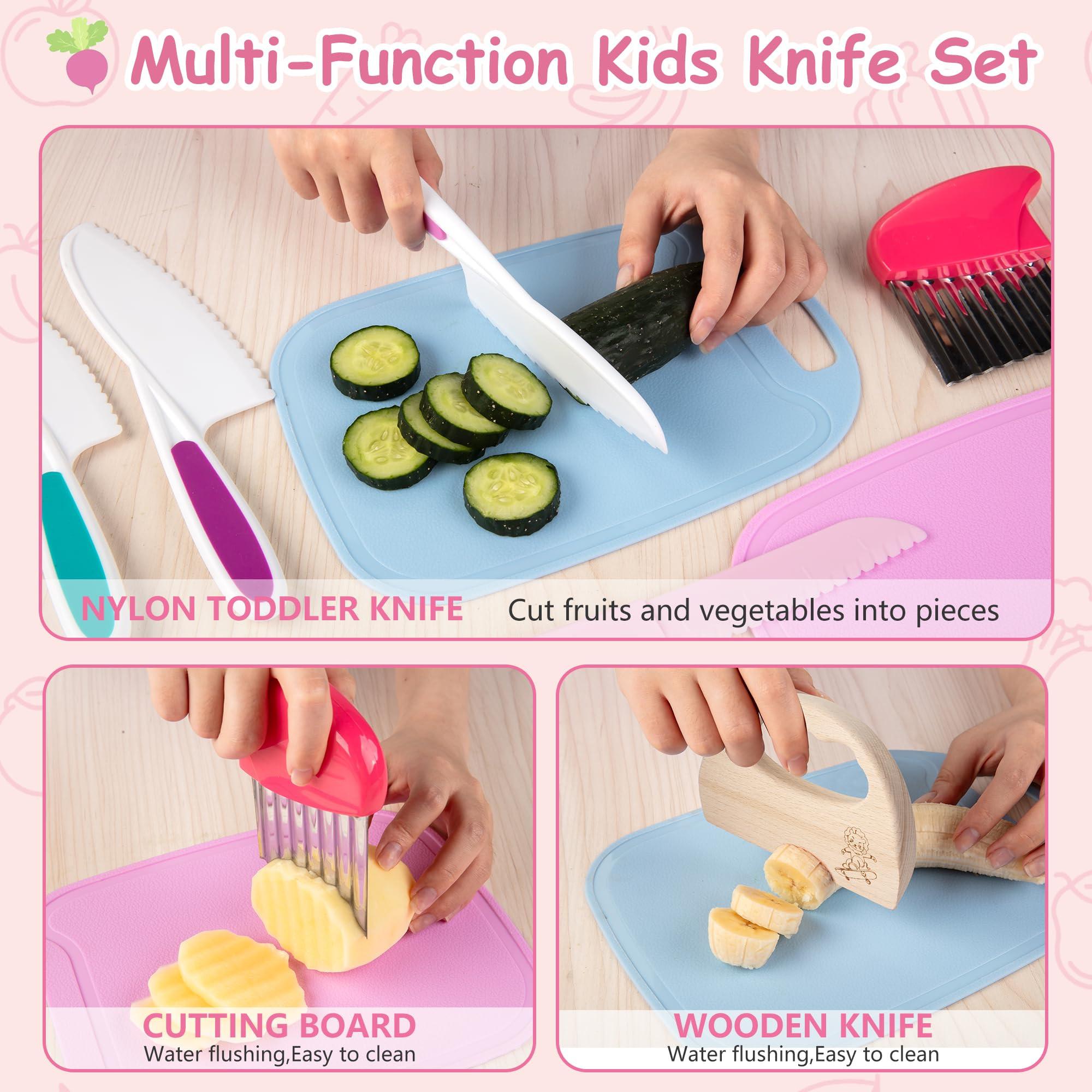 Activity-board  Couteau pour enfants Set de découpe 18 pièces, couteau de découpe pour enfants, pour une vraie cuisine avec couteau en bois, planche à découper, tablier de cuisine 