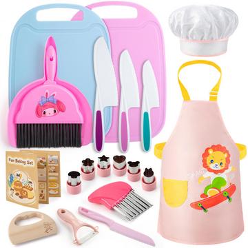 Couteau pour enfants Set de découpe 18 pièces, couteau de découpe pour enfants, pour une vraie cuisine avec couteau en bois, planche à découper, tablier de cuisine