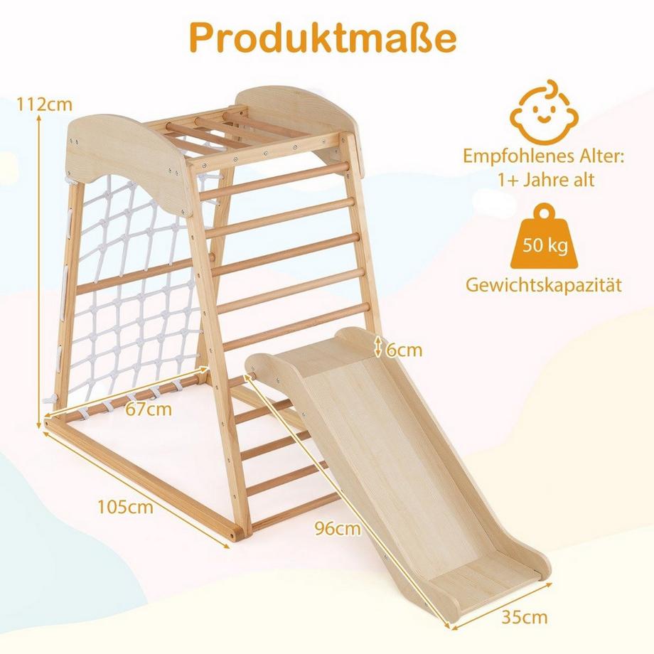 Northio  Klettergerüst Indoor 6 in 1 Pull Up Bar & Rutsche & Kletterfelsen & Kletternetz Natur 