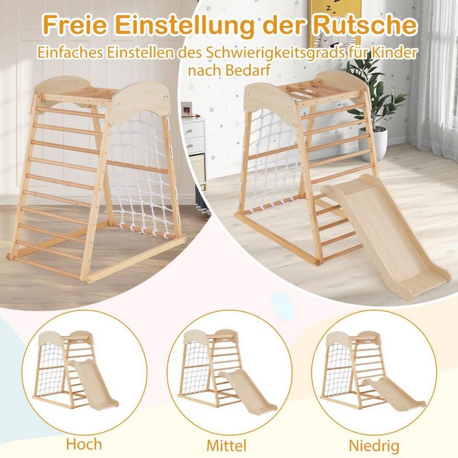 Northio  Klettergerüst Indoor 6 in 1 Pull Up Bar & Rutsche & Kletterfelsen & Kletternetz Natur 