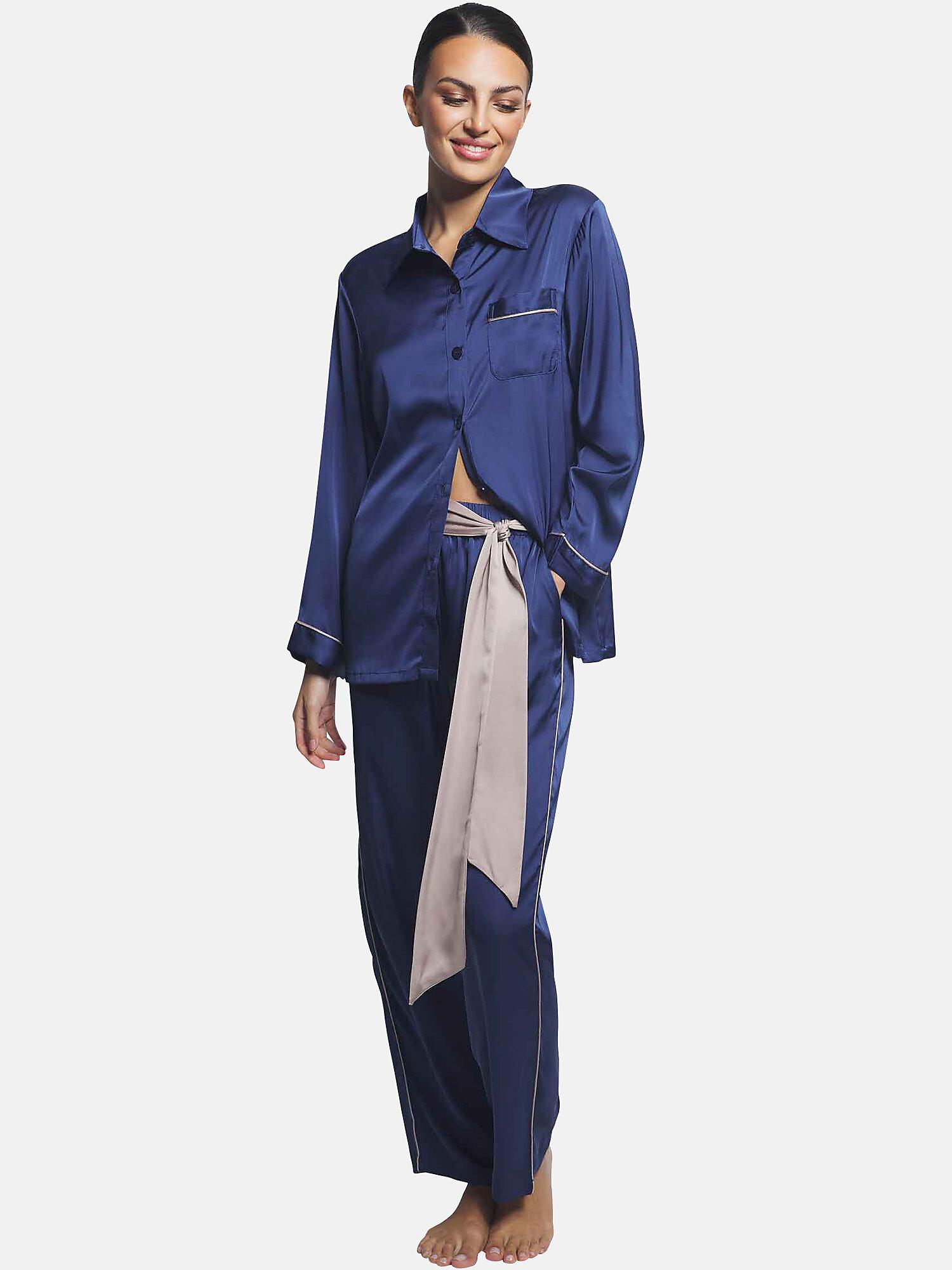 Image of Pyjama Hose Hemd Langarm Satin Unisex Königsblau M