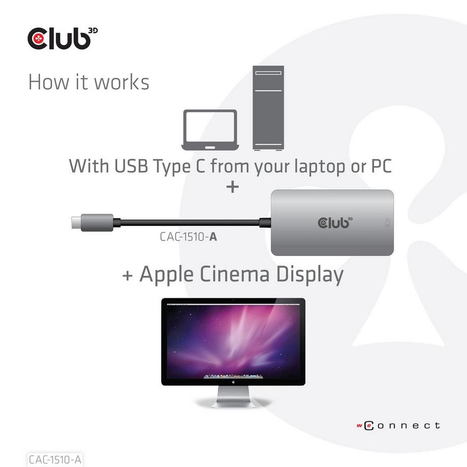 Club3D  CLUB3D USB3.2 Gen1 Type-C to Dual Link DVI-D HDCP OFF version Active Adapter M/F for Apple Cinema Displays 