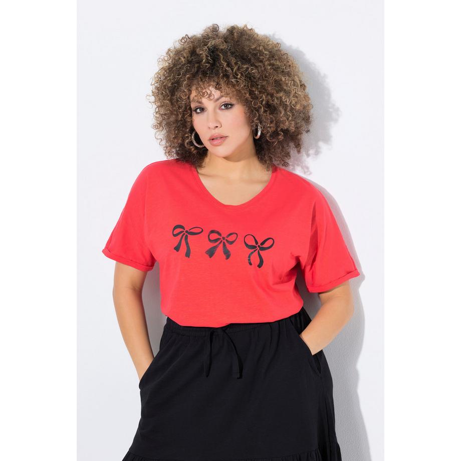 Ulla Popken Oversized V-Ausschnitt Halbarm T-Shirt mit Schleifen  