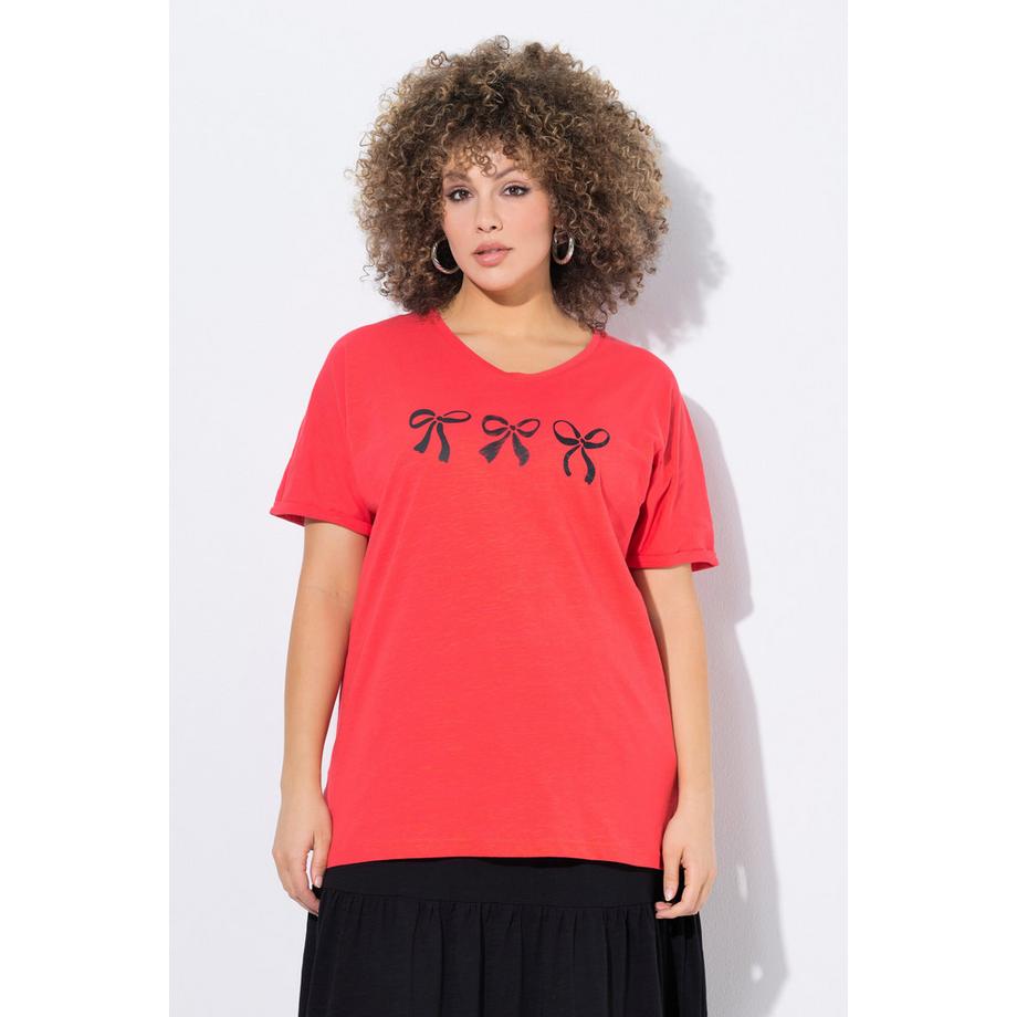 Ulla Popken Oversized V-Ausschnitt Halbarm T-Shirt mit Schleifen  