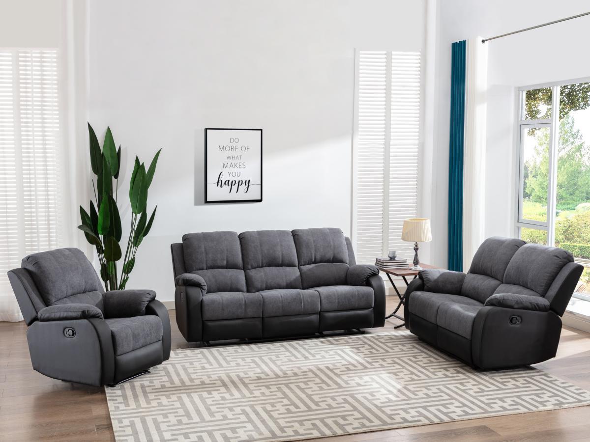 Vente-unique Relaxsofa 3-Sitzer - Microfaser & Kunstleder - Grau & Schwarz - BRODY  