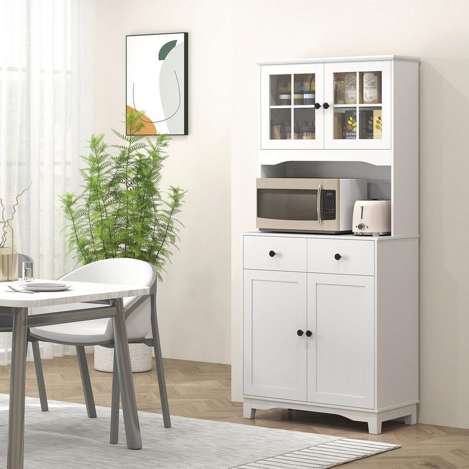 Northio  Küchenschrank Hochschrank mit Mikrowellenregal, 2 Schränken, 2 Schubladen, Vitrinenschrank mit Verstellbaren Ablagen, Kippschutz, Buffetschrank für Wohnzimmer, Esszimmer, Weiß 