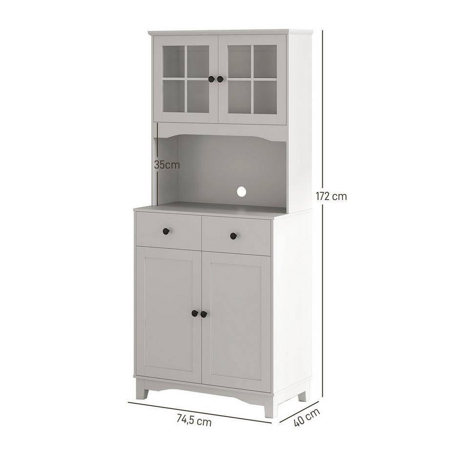 Northio  Küchenschrank Hochschrank mit Mikrowellenregal, 2 Schränken, 2 Schubladen, Vitrinenschrank mit Verstellbaren Ablagen, Kippschutz, Buffetschrank für Wohnzimmer, Esszimmer, Weiß 