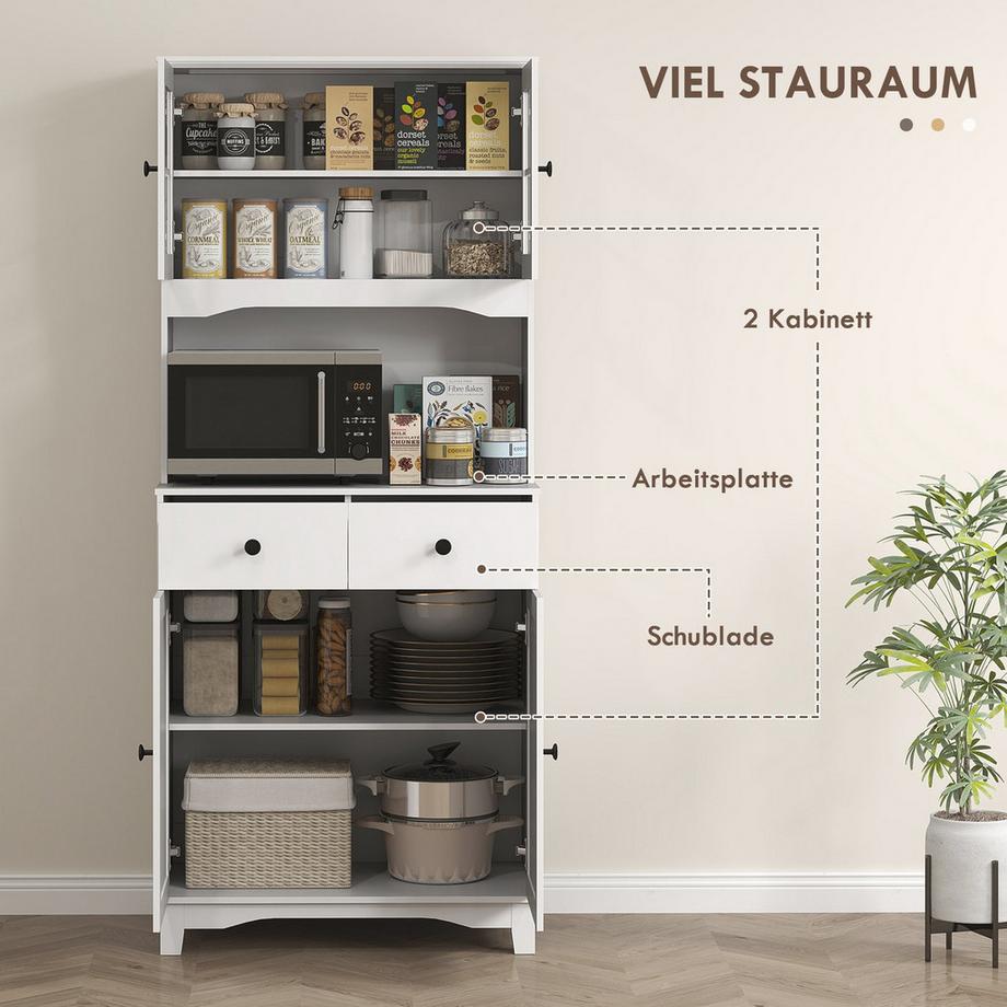 Northio  Küchenschrank Hochschrank mit Mikrowellenregal, 2 Schränken, 2 Schubladen, Vitrinenschrank mit Verstellbaren Ablagen, Kippschutz, Buffetschrank für Wohnzimmer, Esszimmer, Weiß 
