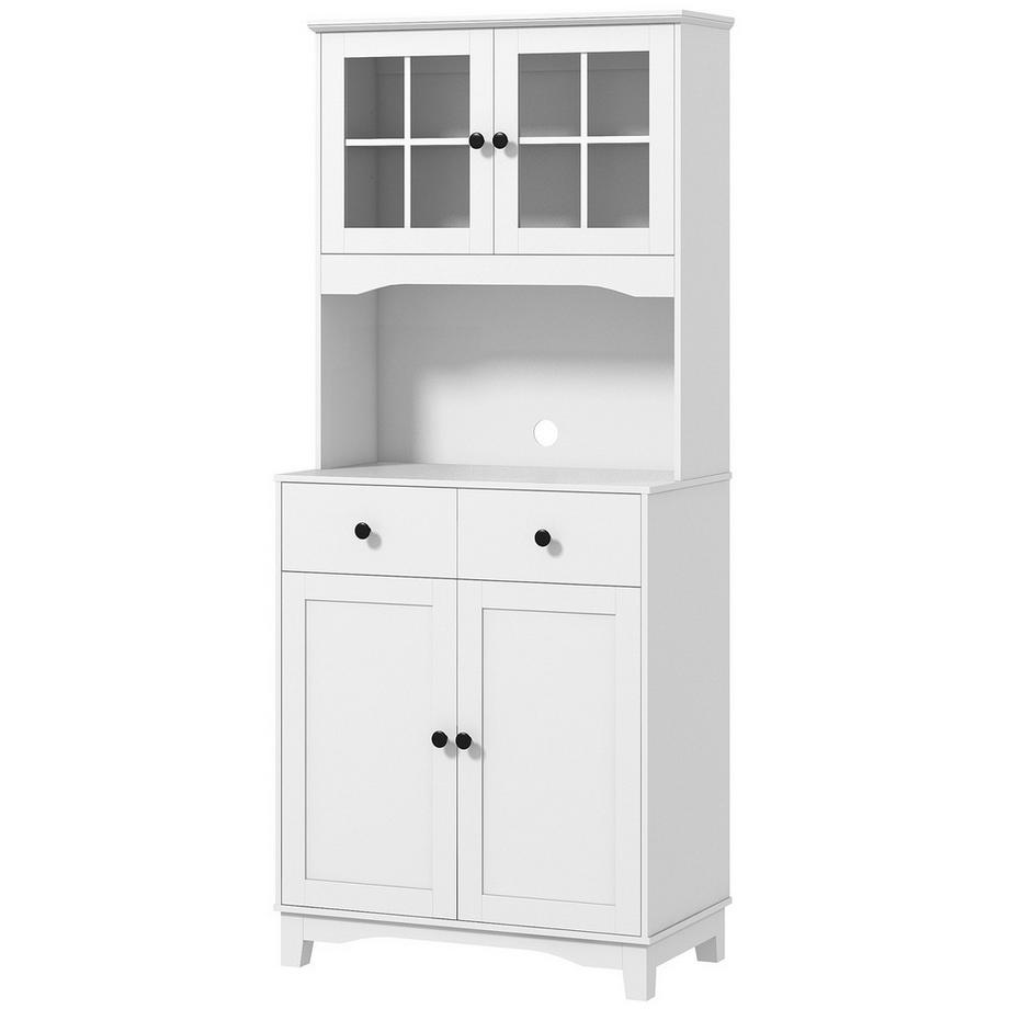 Northio  Küchenschrank Hochschrank mit Mikrowellenregal, 2 Schränken, 2 Schubladen, Vitrinenschrank mit Verstellbaren Ablagen, Kippschutz, Buffetschrank für Wohnzimmer, Esszimmer, Weiß 