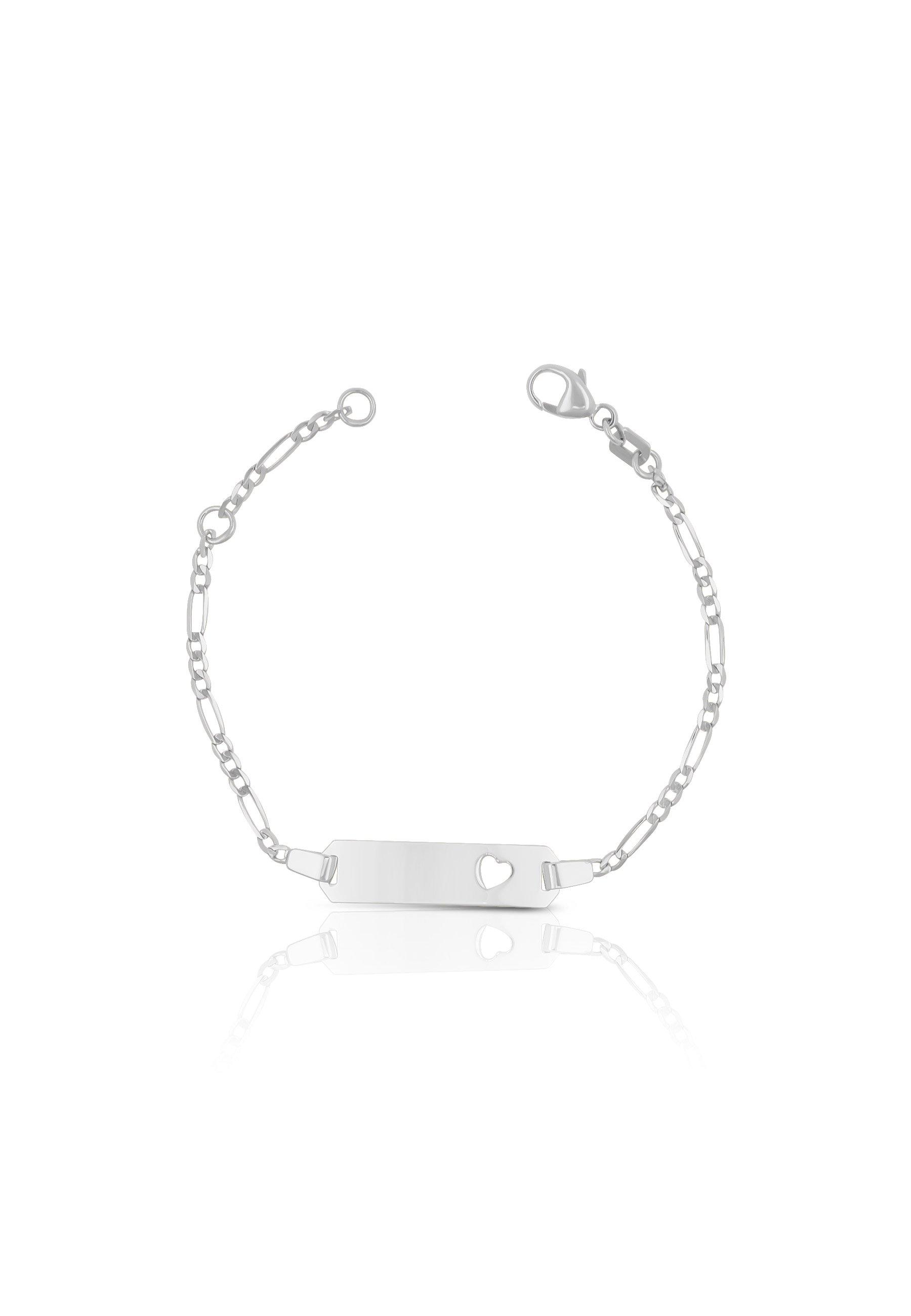 MUAU Schmuck  Bébé Bracelet coeur figaro or blanc 750, 14cm plaque de gravure 2,1cm 