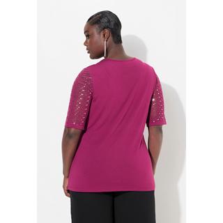 Ulla Popken  T-shirt à coupe Classic Fit. Voile en mesh à sequins, top en jersey opaque 