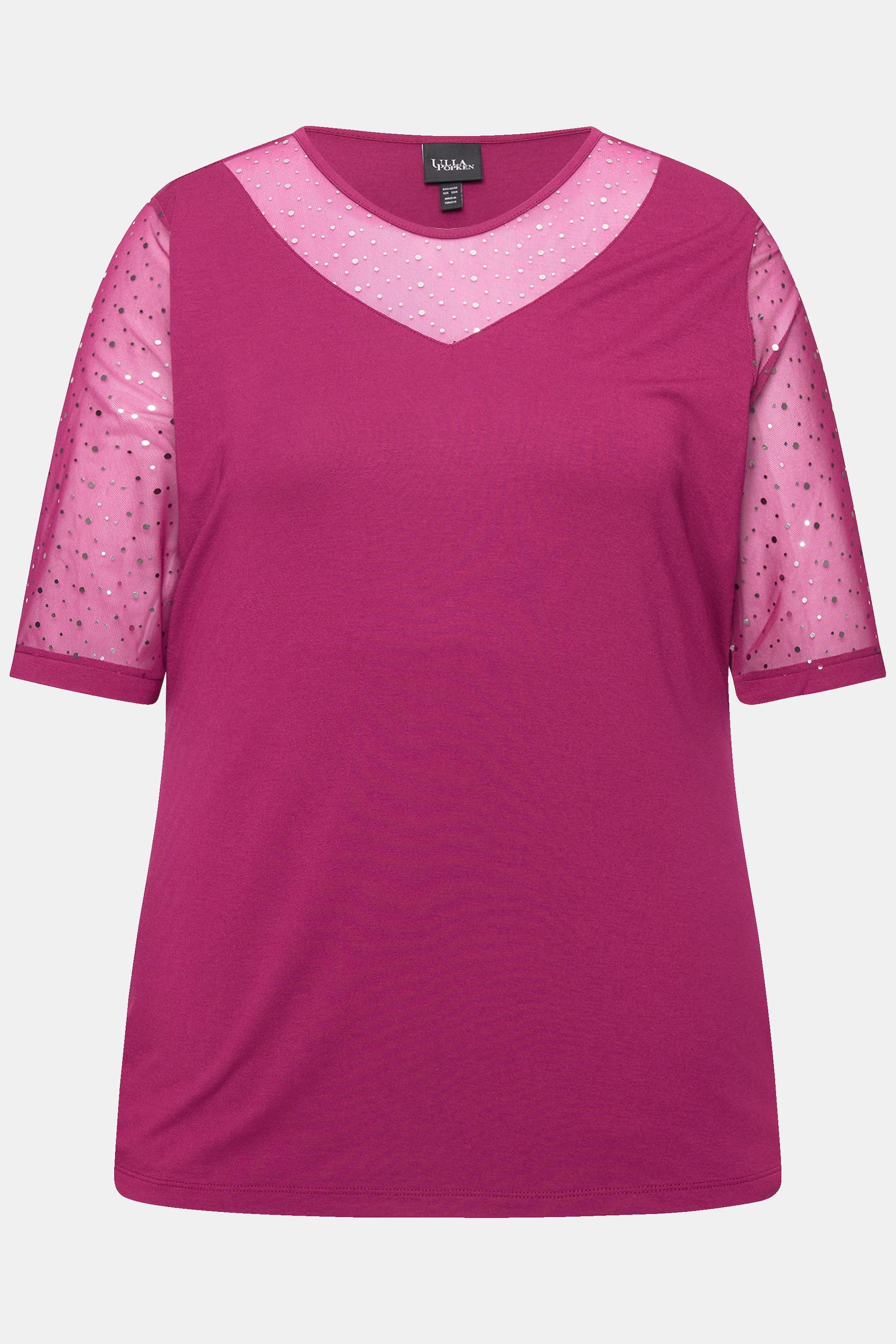 Ulla Popken  T-shirt à coupe Classic Fit. Voile en mesh à sequins, top en jersey opaque 