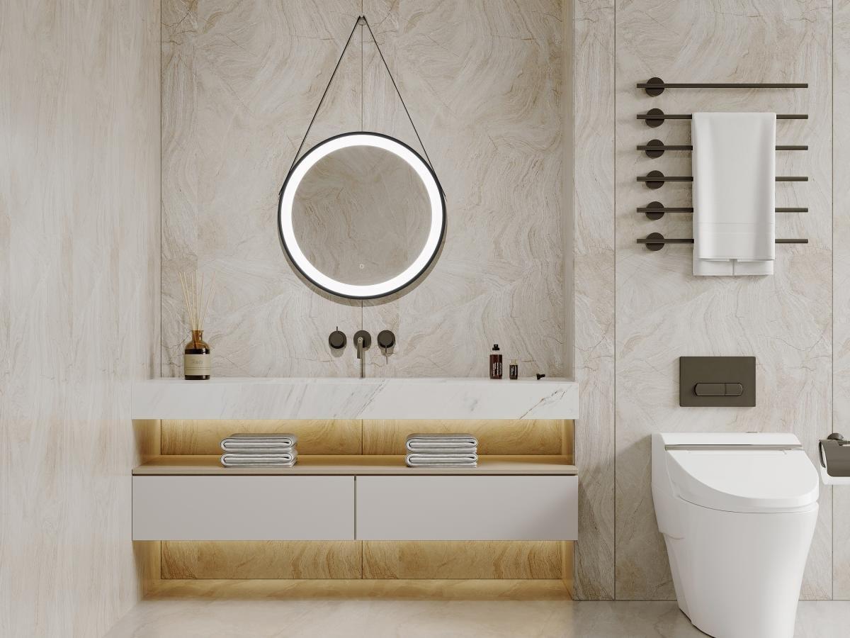 Vente-unique Miroir de salle de bain lumineux anti buée suspendu avec accroche et contour noir - 60 x 60 cm - BORJA  