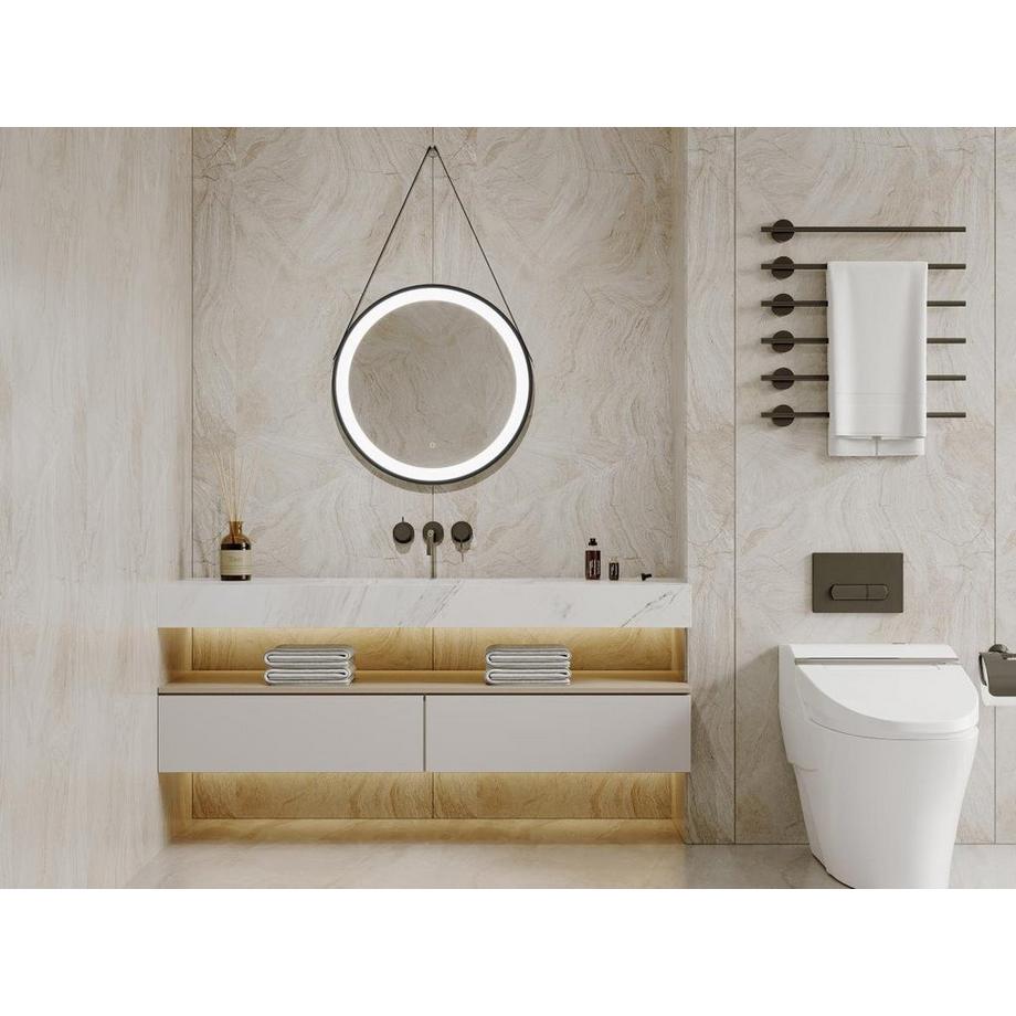 Vente-unique Miroir de salle de bain lumineux anti buée suspendu avec accroche et contour noir - 60 x 60 cm - BORJA  