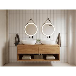 Vente-unique Miroir de salle de bain lumineux anti buée suspendu avec accroche et contour noir - 60 x 60 cm - BORJA  