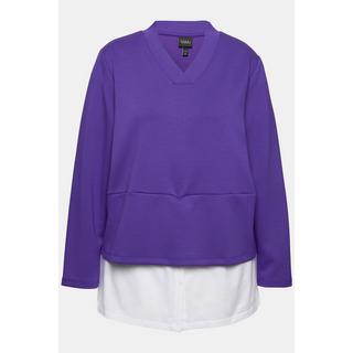 Ulla Popken  Sweat-shirt, col en V et manches longues, empiècement chemisier intégré 